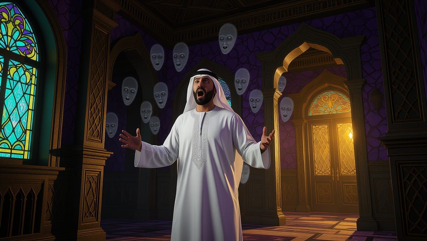 Gulf Man Overwhelmed by Haunted Voices in Dark Fantasy Scene