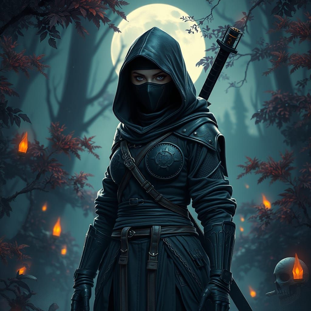 Mysterious Female Ninja in Moonlit Realm