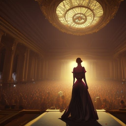 Stunning woman standing on a ballroom, enchanting on lookers.