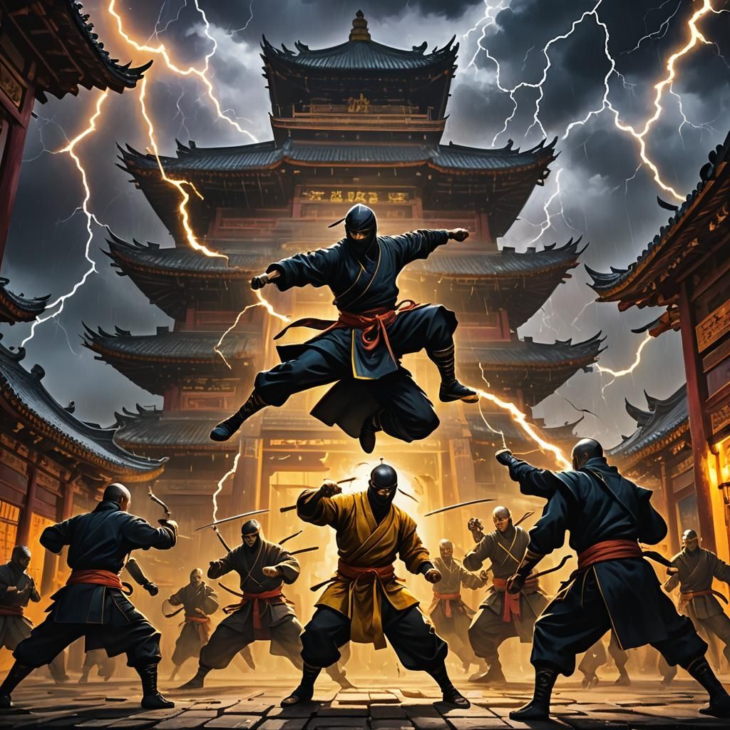 Ninjas Clash with Police in Shaolin Temple Painting