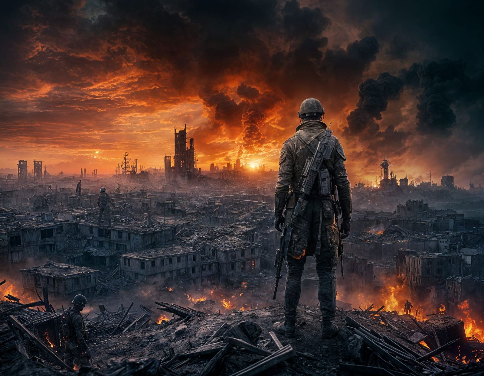 Wounded Future Soldier Overlooking Ruined Town