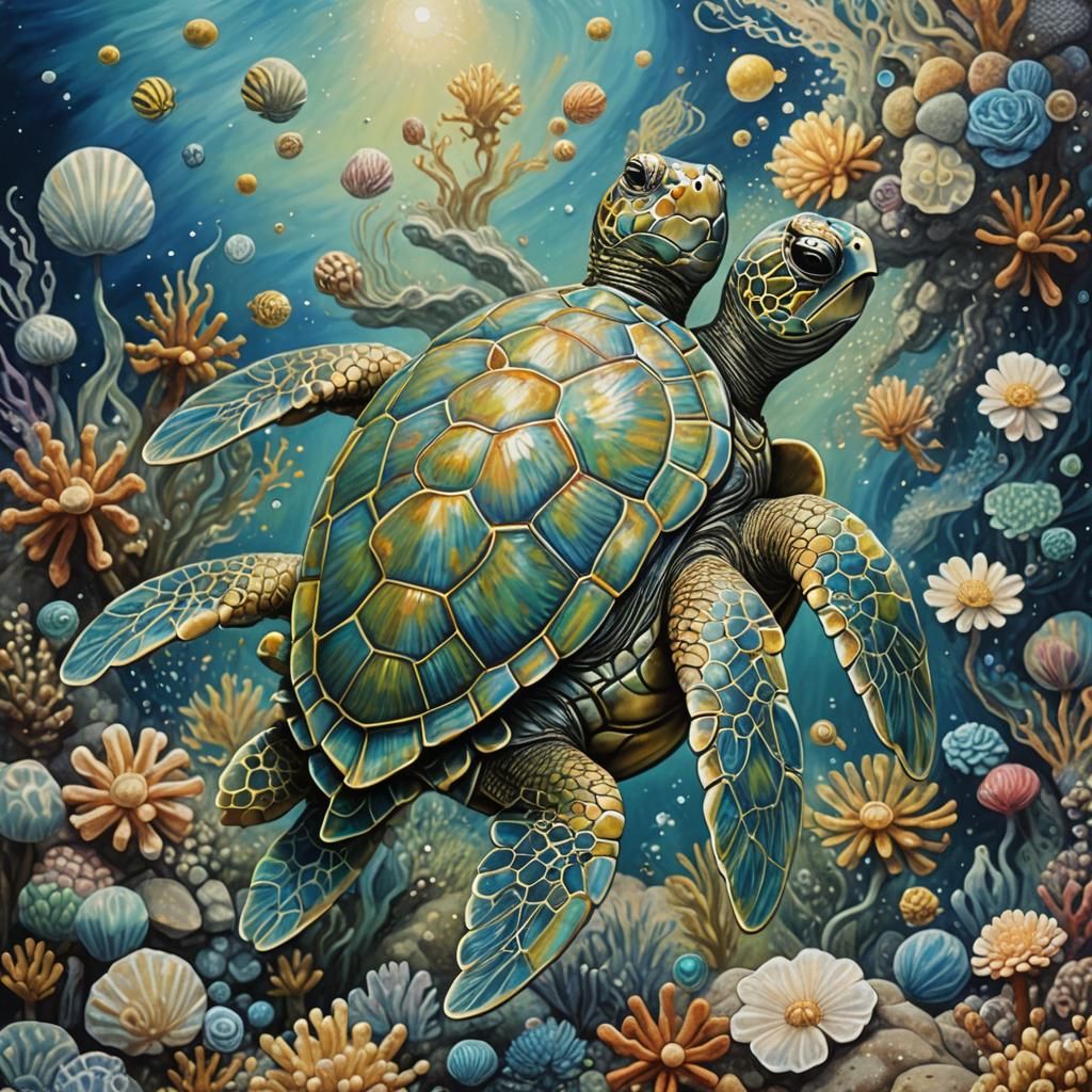 Metallic Sea Turtle Gargoyle in Hyperrealistic Splash Art