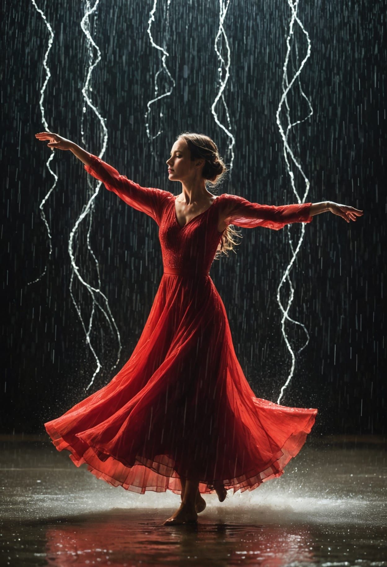 Woman in Red Dress Dancing in Rain