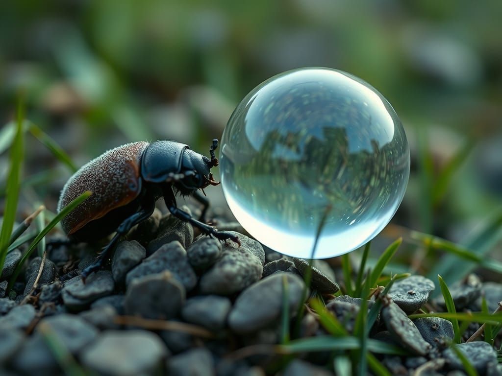 Dung Beetle Pushing Glass Bead, Cinematic Still