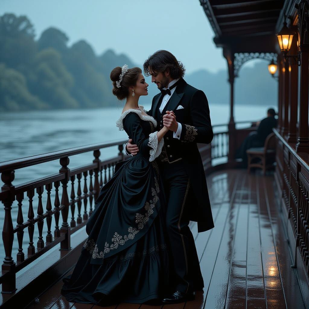 Gothic Couple Dancing on Riverboat in Victorian Style