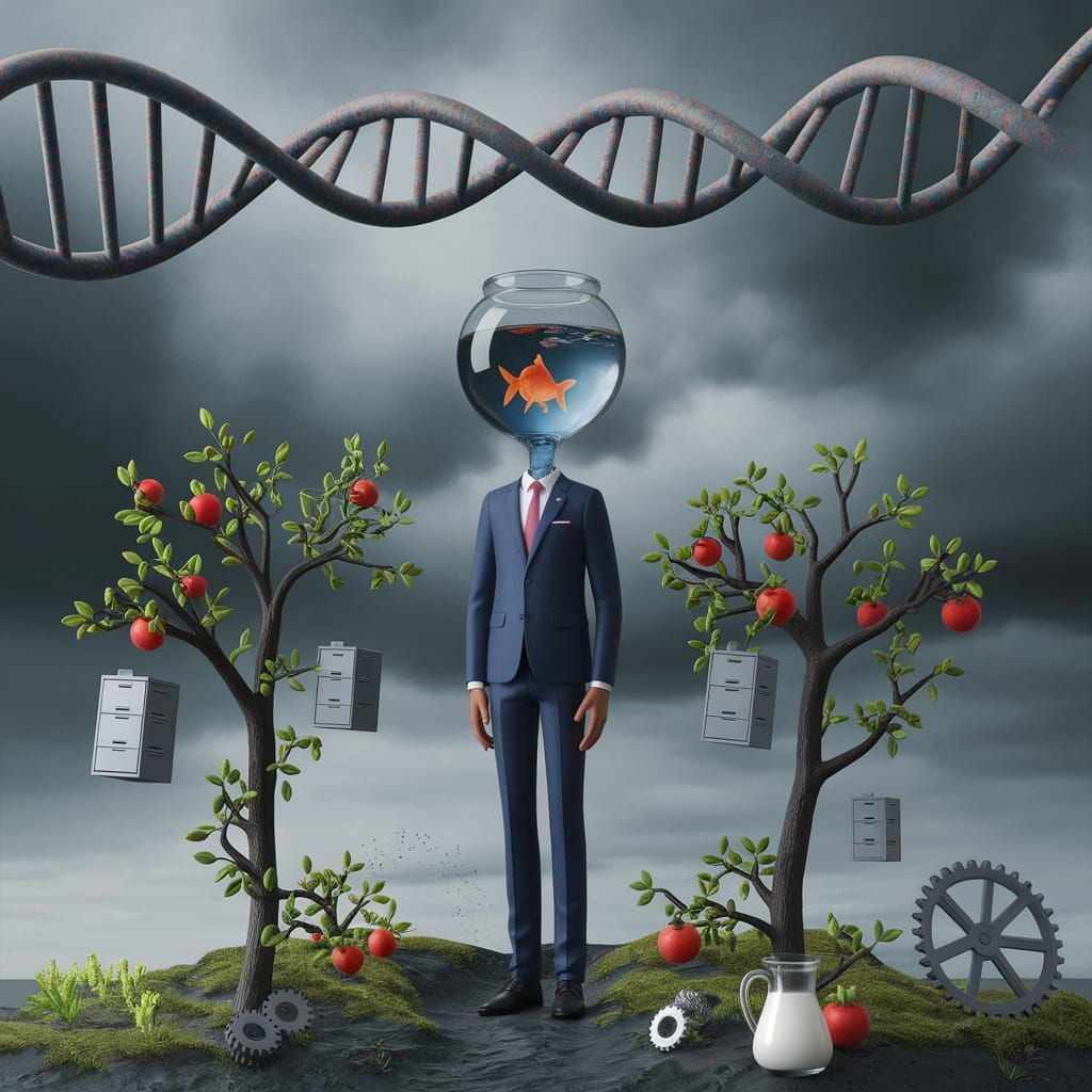 Surreal DNA Helix and Man with Goldfish Bowl Head