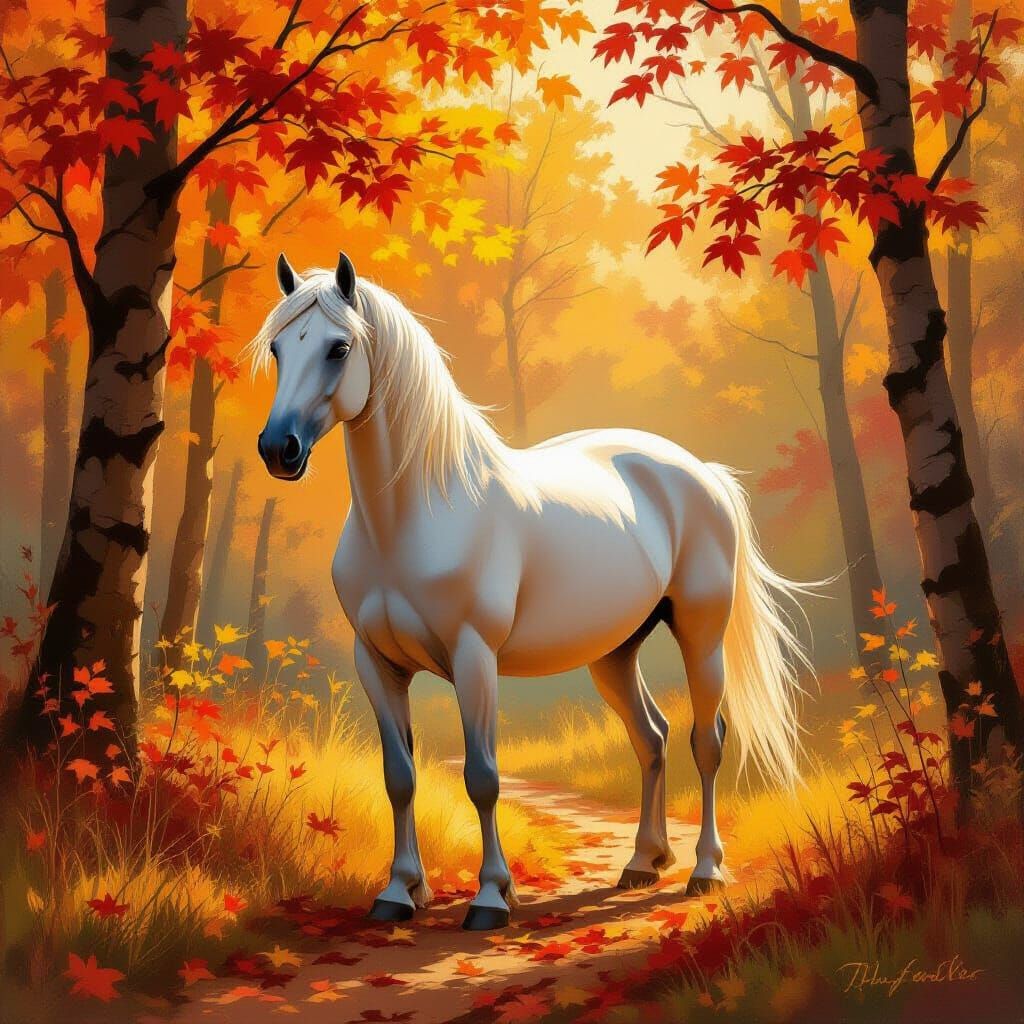 Majestic Horse in Sun-Dappled Autumn Forest Clearing