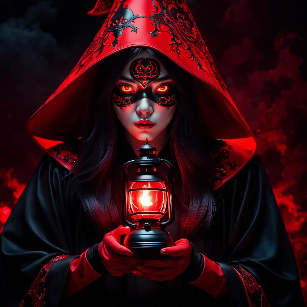 Anime Black Magic Witch with Glowing Skull Mask