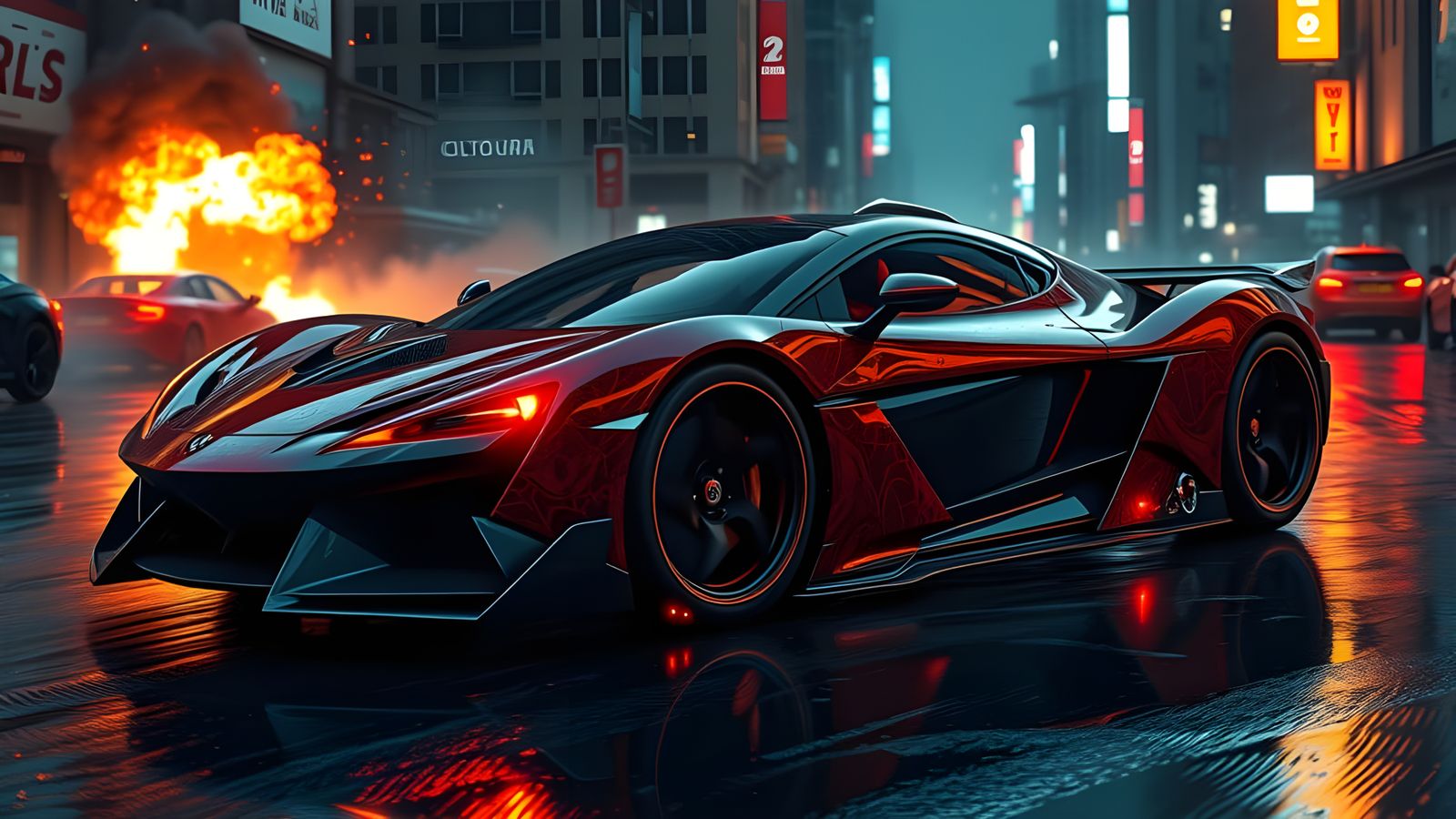 Hyperrealistic Cyberpunk Hypercar in a Fiery, Ominous Nightt...