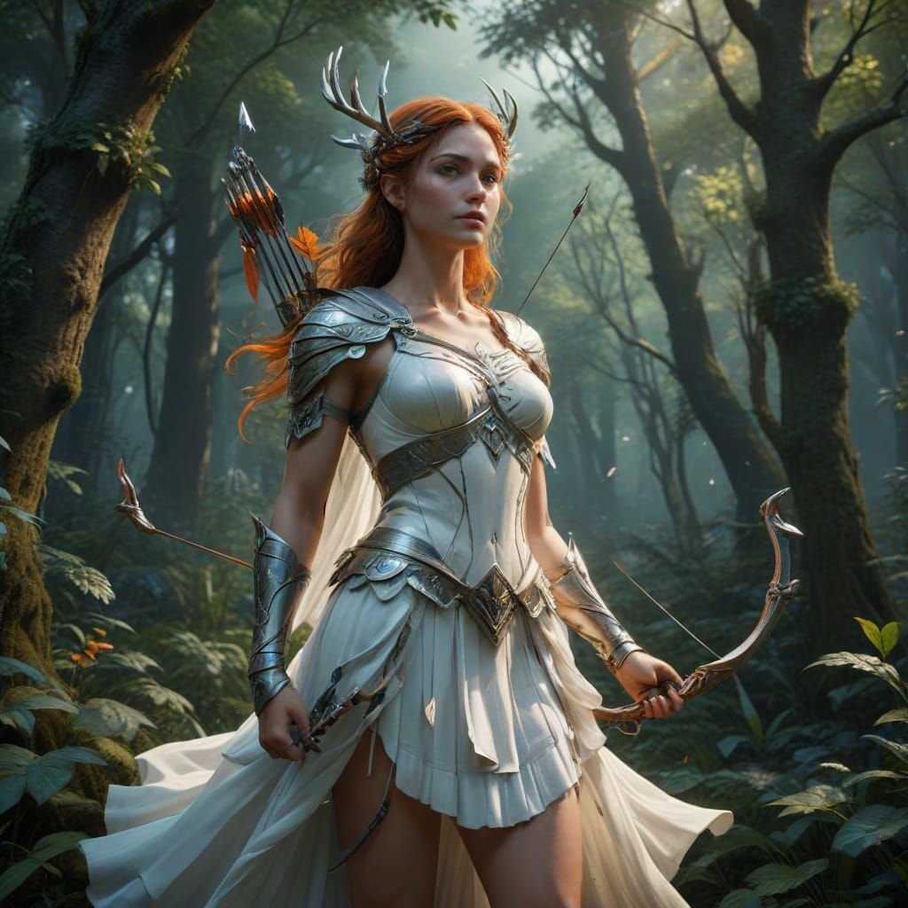 Mythological Huntress in Moonlit Forest, Art Nouveau Style