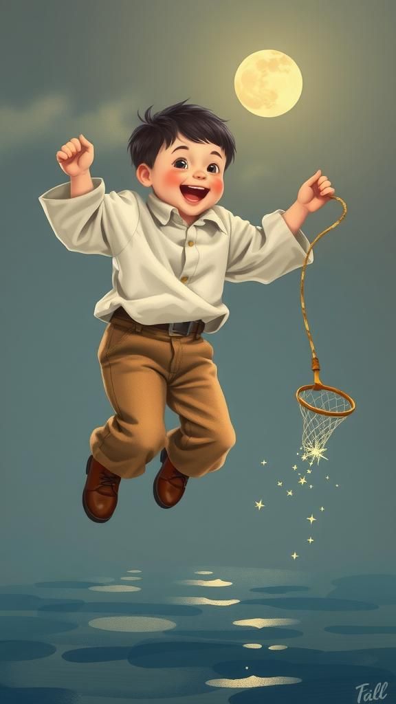 Boy Catches Stars in Net, Dreamy Illustration