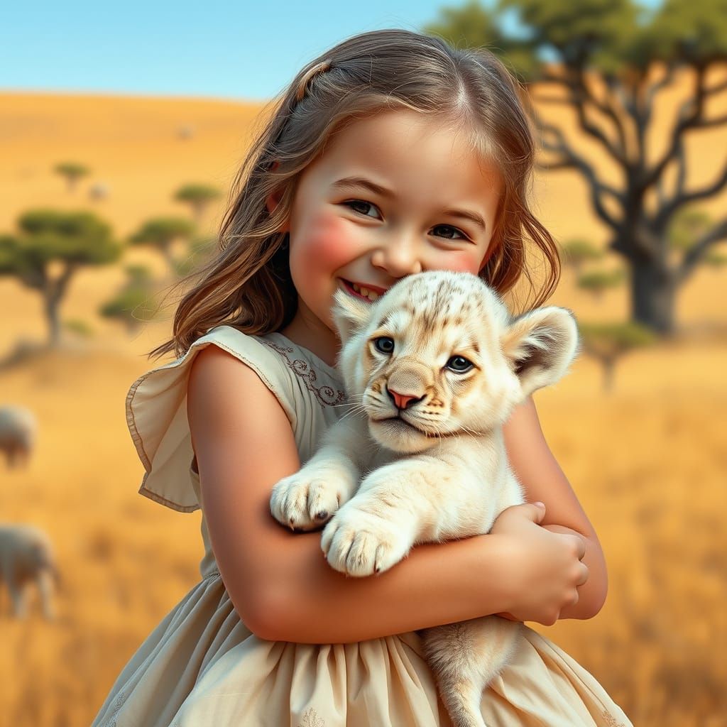 Girl Hugging Small White Lion Cub in Realistic Wildlife Art