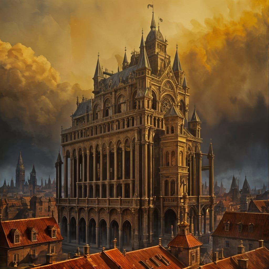 Grotesque Fantasy Structure in Detailed Oil Painting