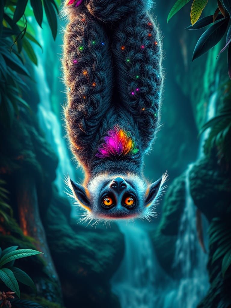 Hanging Lemur with Fiber Optic Fur, Hyperrealistic Close-Up