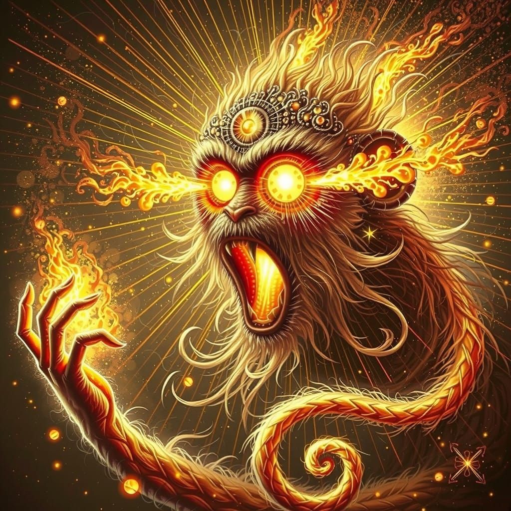 Golden Monkey with Fiery Aura, Inspired by Beksiński Surreal...