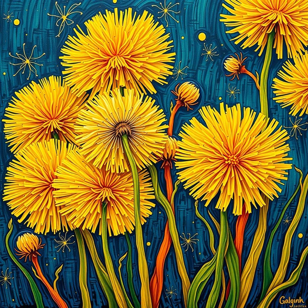 Expressive Dandelions in Vibrant Impasto