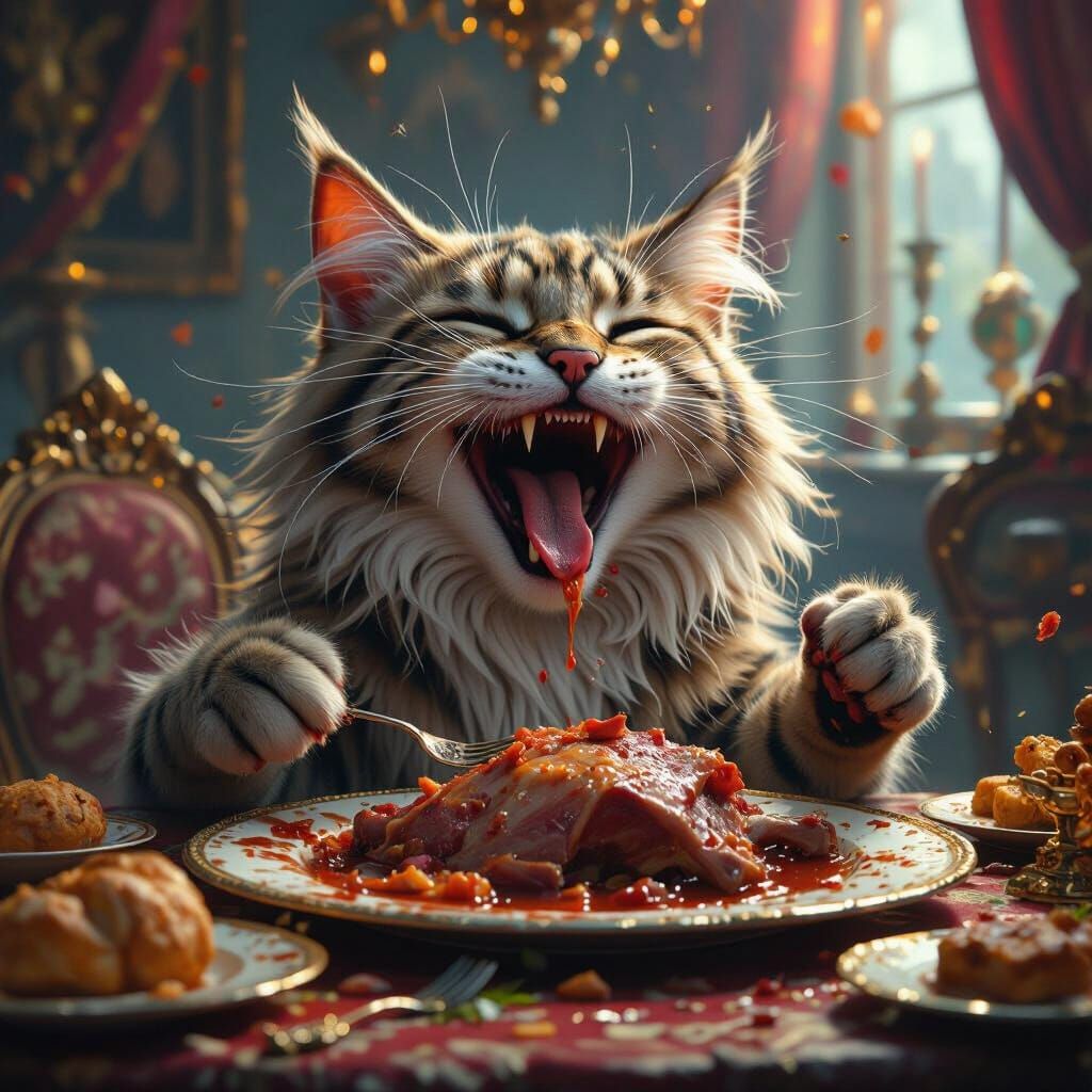 Cat's Lavish Feast: Joyful Laughter in Matte Painting