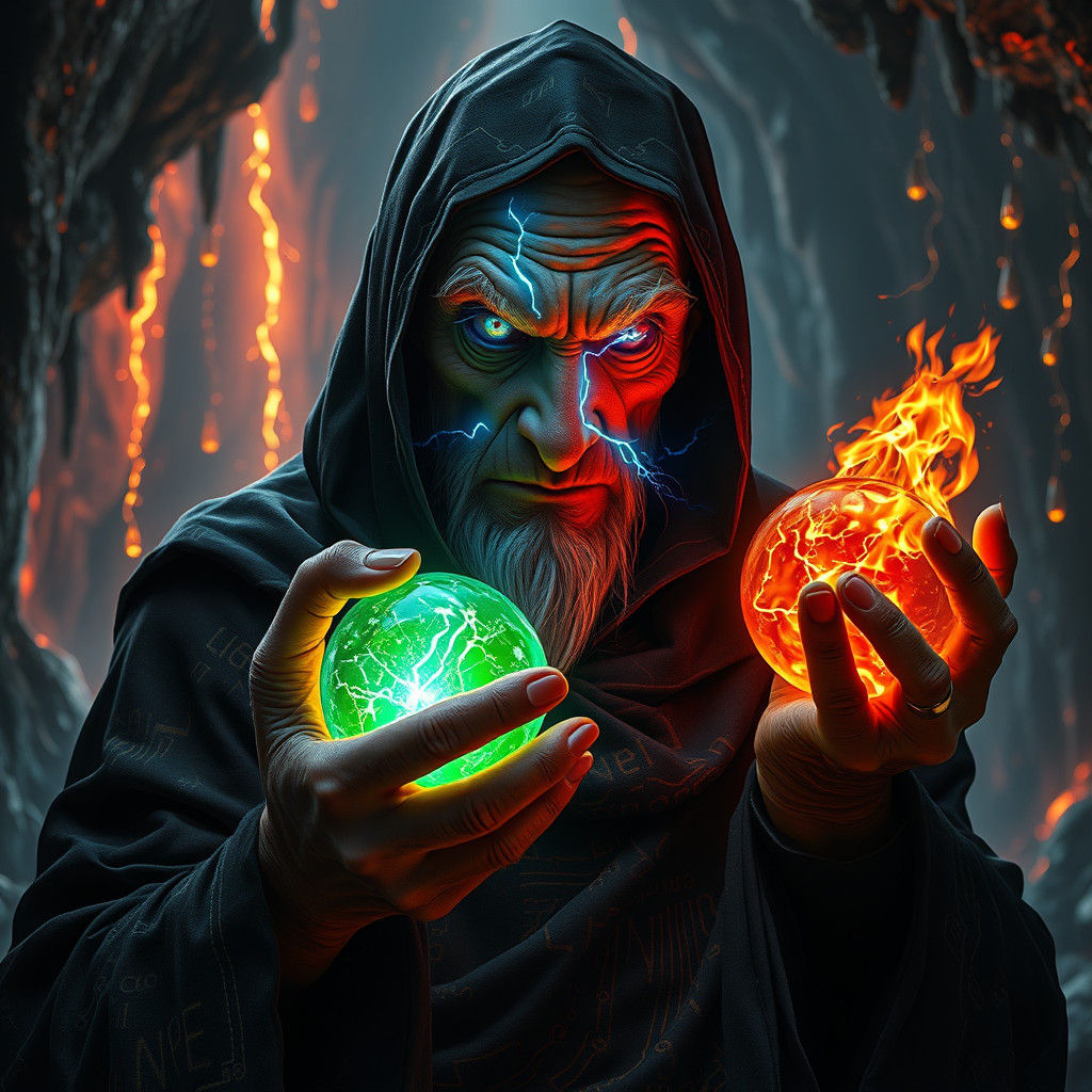 Evil Sorcerer Portrait with Lightning Eyes in Dystopian Cave