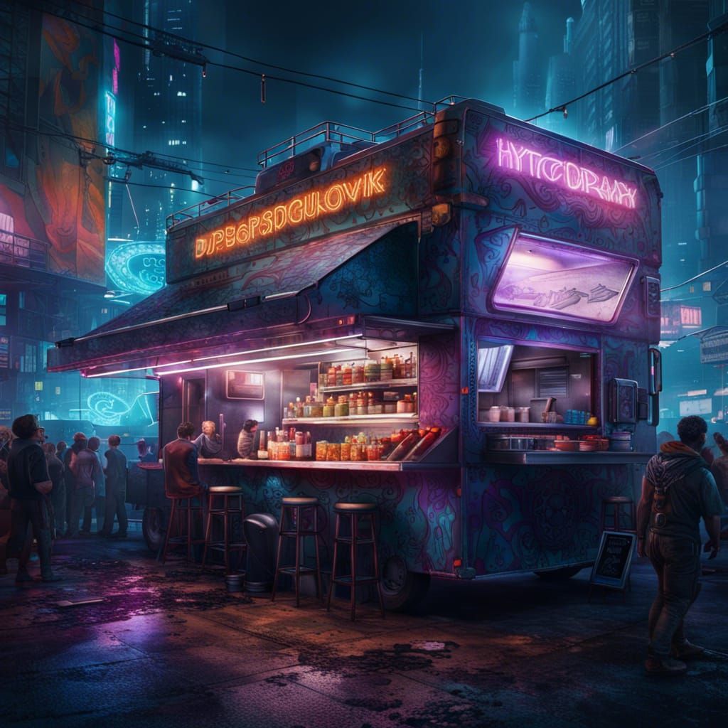 Cyberpunk Food Truck in Dystopian Cityscape
