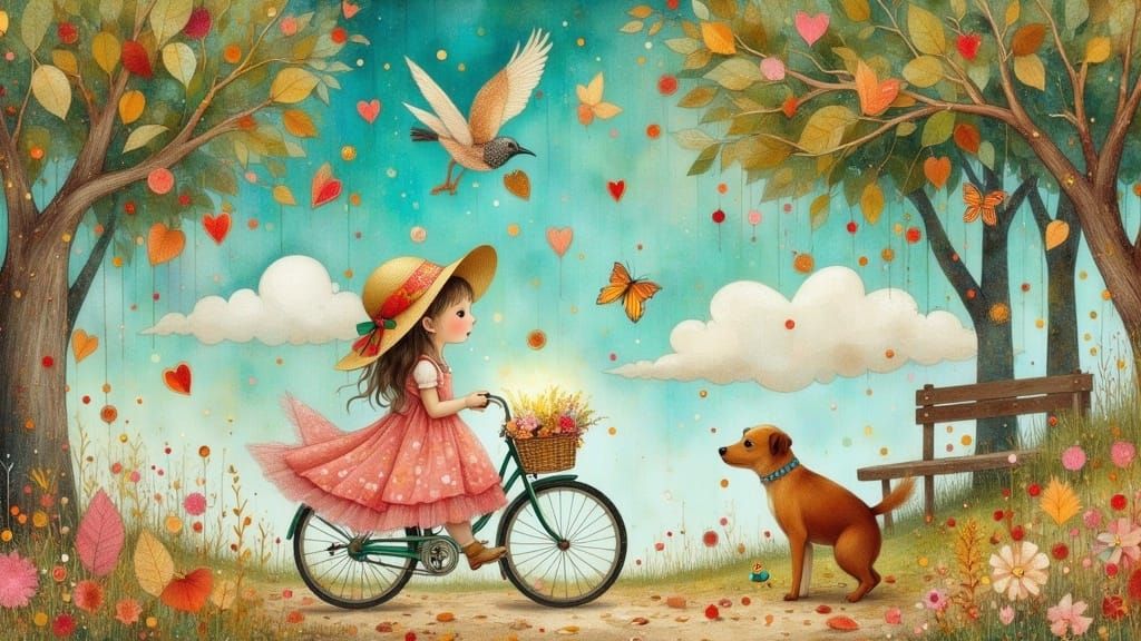 Whimsical Girl Rides Bicycle Through Enchanted Forest