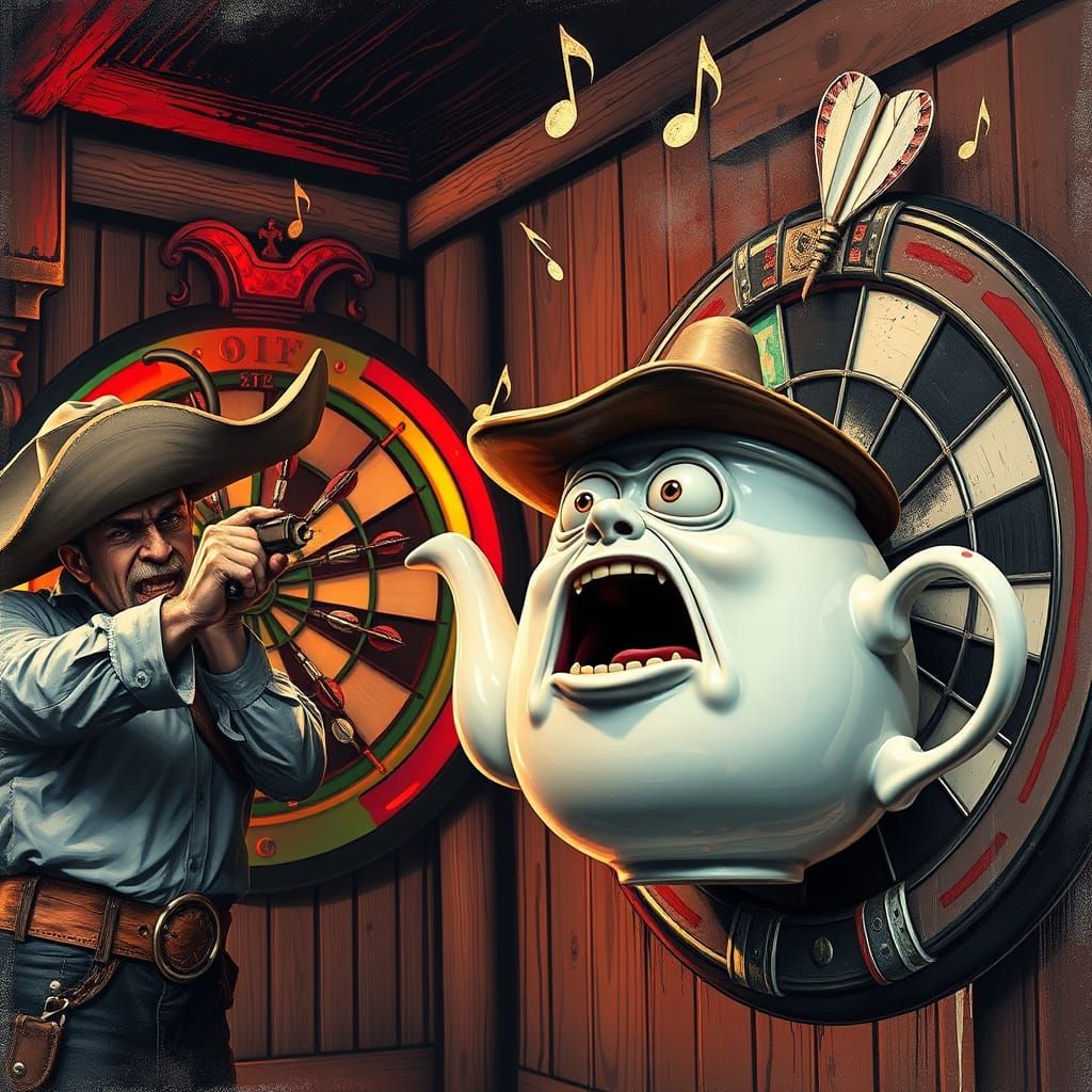 Terrified Teapot on Dartboard with Drunk Cowboy