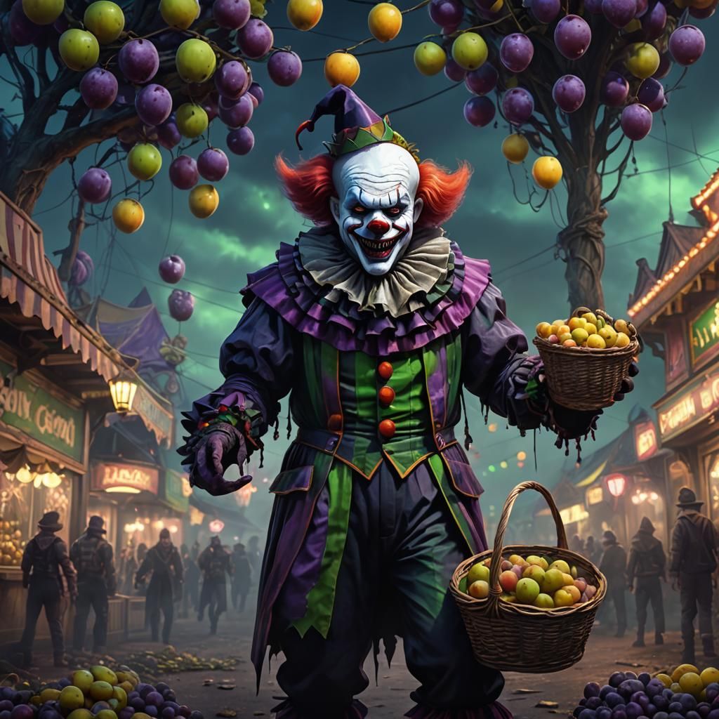 Eerie Carnival: Evil Clown with Plums, Digital Art