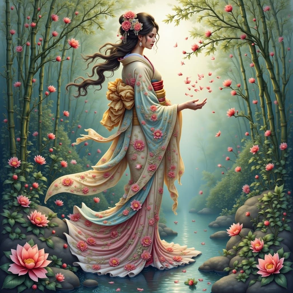 Mystical Yokai Woman in Bamboo Forest