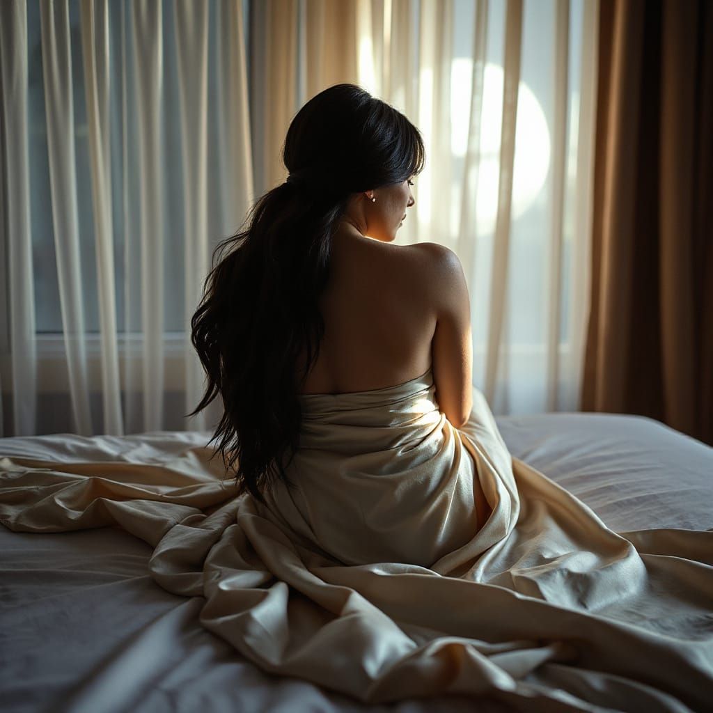 Ethereal Woman on Bed in Soft Moonlight
