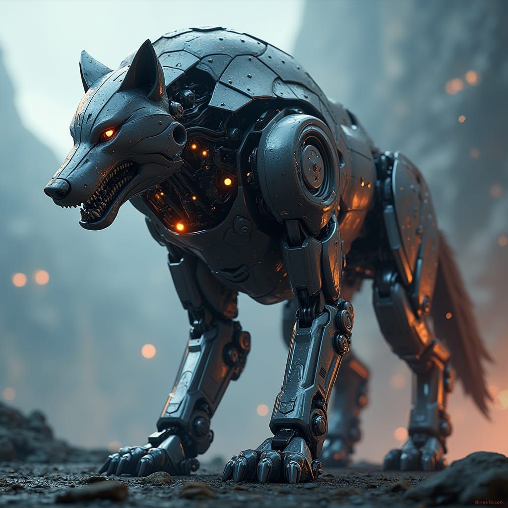 Colossal Mecha Wolf in Cinematic Sci-Fi Style