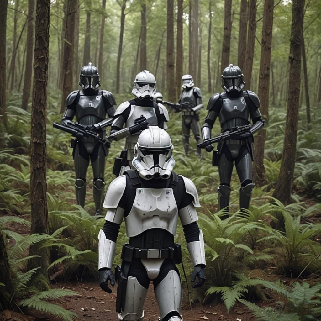 Clone Troopers in Black Armor Patrol Forest