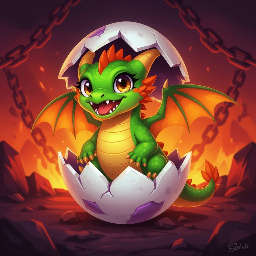 Cartoon Dragon Hatchling Emerging From Cracked Egg