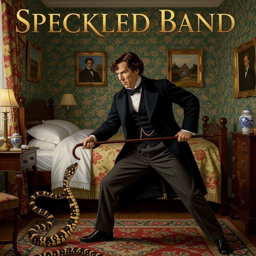 Sherlock Holmes Confronts Speckled Kingsnake as Oil Painting