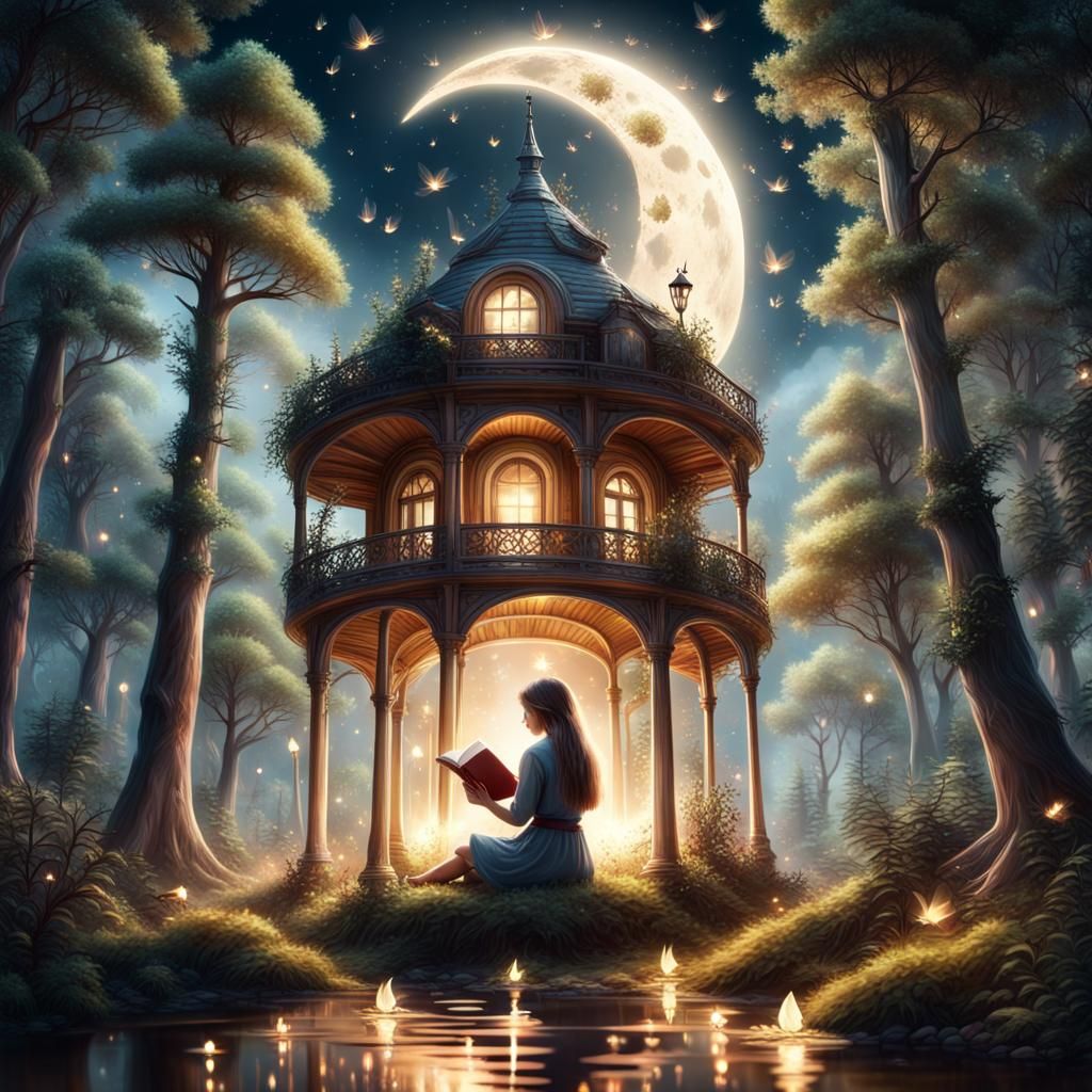 Girl Reads Book in Enchanted Forest Under Moon