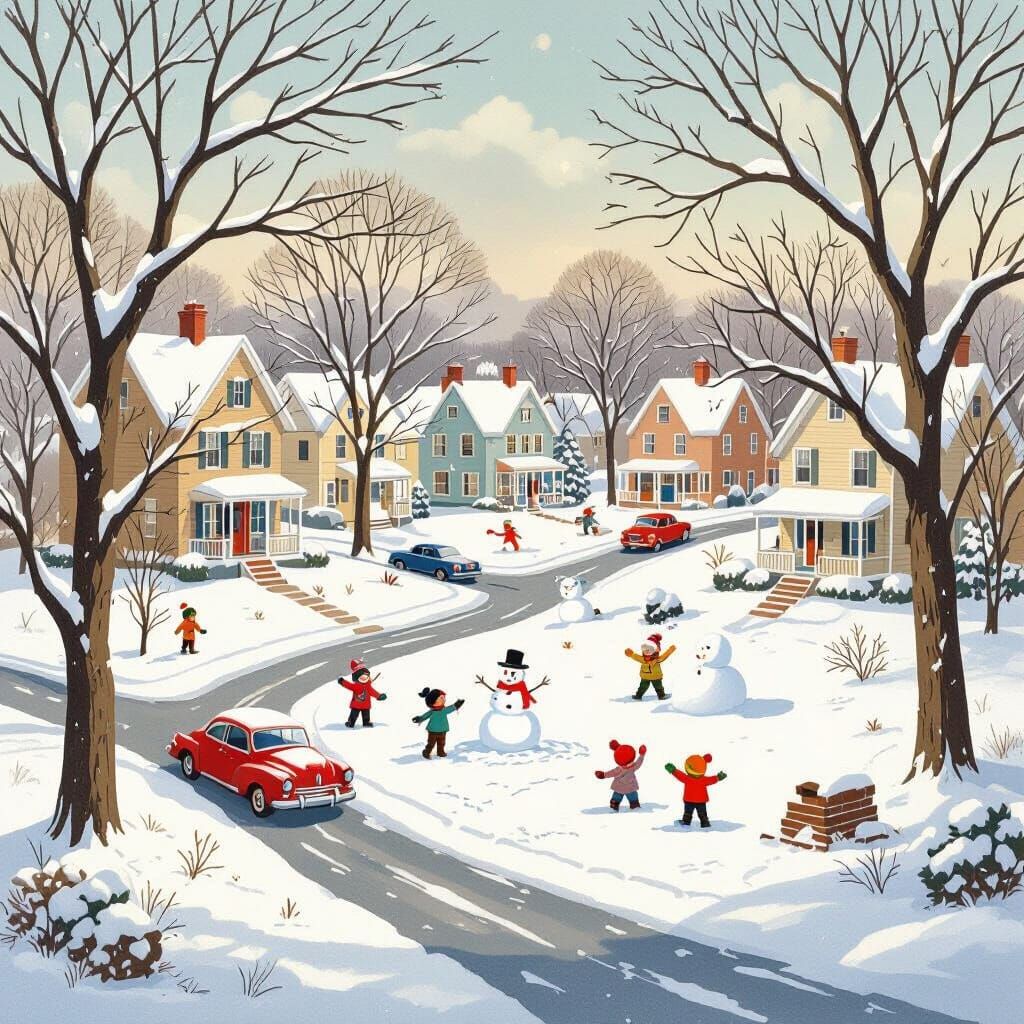 Whimsical Snowy Neighborhood in Fantasy Art Style