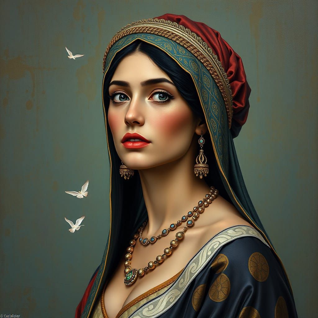 uma imponente linda mulher arabe-italiana grávida de corpo inteiro em um cenário renascentista num misto das obras de me...