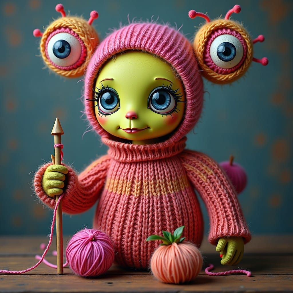 Yarn monster knitting a sweater, pop surrealism <lora:HYGGE ...