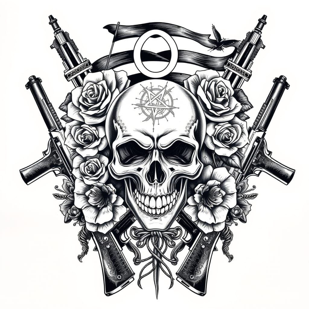 Revolutionary Skull Tattoo Design with Roses and Anarchy Fla...
