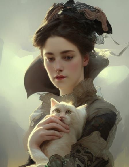Victorian Lady Cuddling Cat: Hyperdetailed Portrait