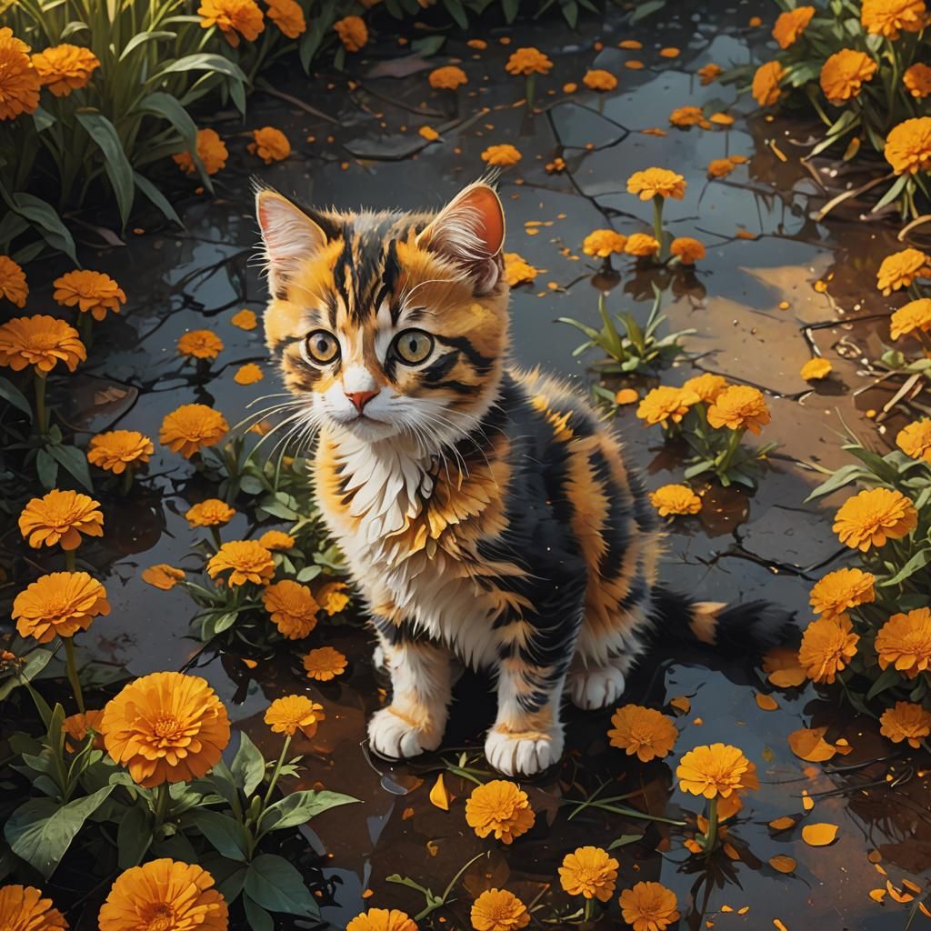 Sad Kitten in a Vibrant, Fantastical Landscape