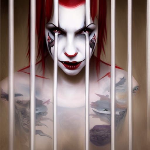 Tattooed Clown Smiles Behind Prison Bars, Realistic Photo