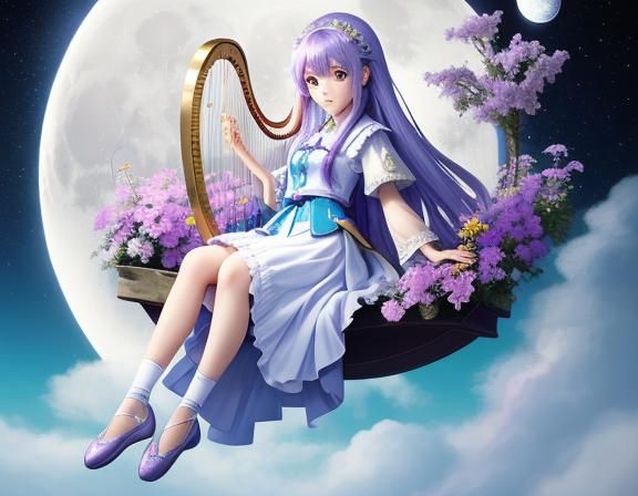 Beautiful Lady Playing Harp in Anime Style