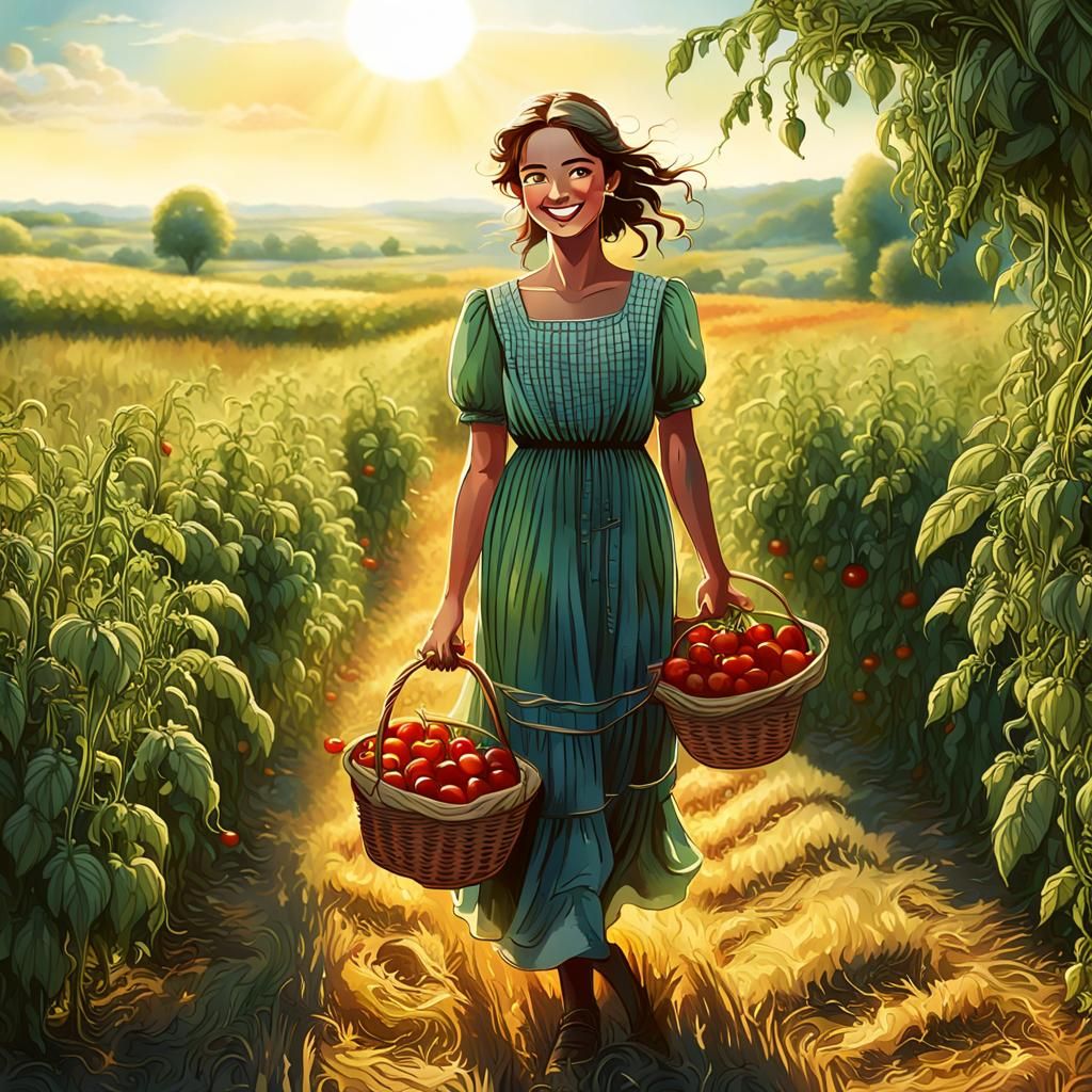 Woman With Tomatoes in Sun-Drenched Field: 3D Render