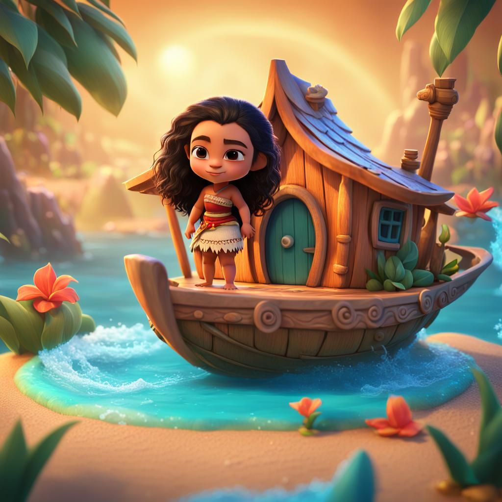 Cute Chibi Moana on Waves in 3D Digital Art