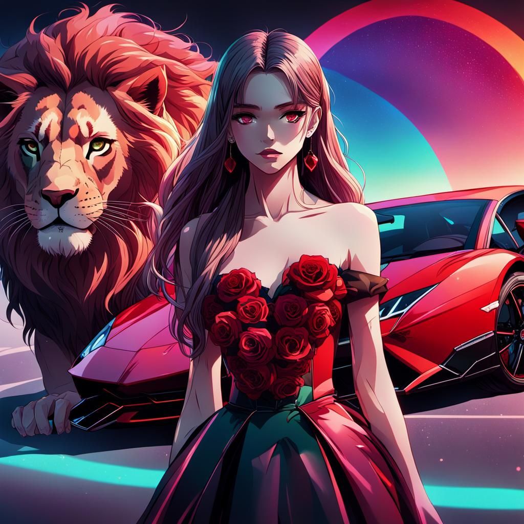 Anime Girl with Lamborghini and Lion