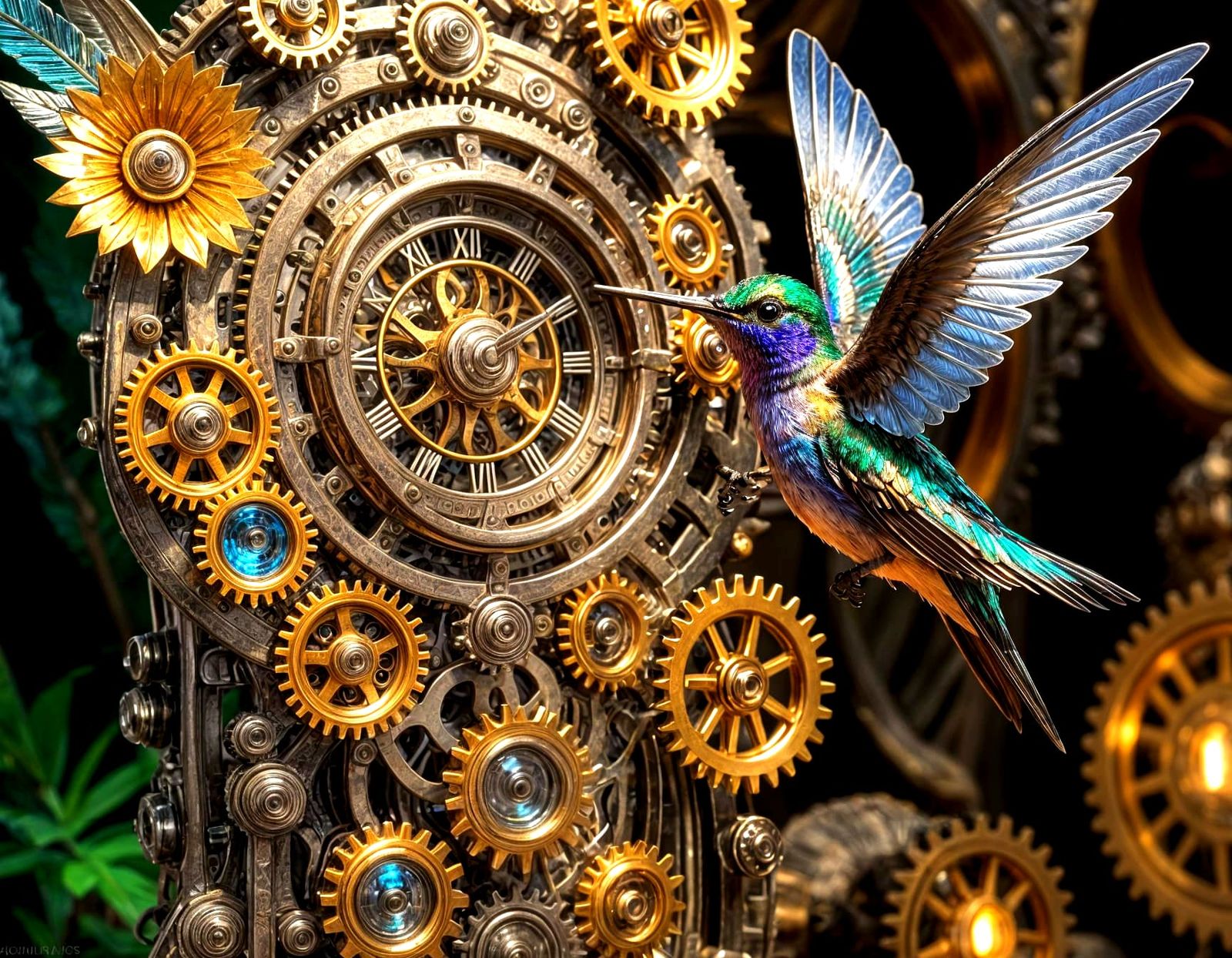 Clockwork Hummingbird with Crystal Flower in Hyperrealism