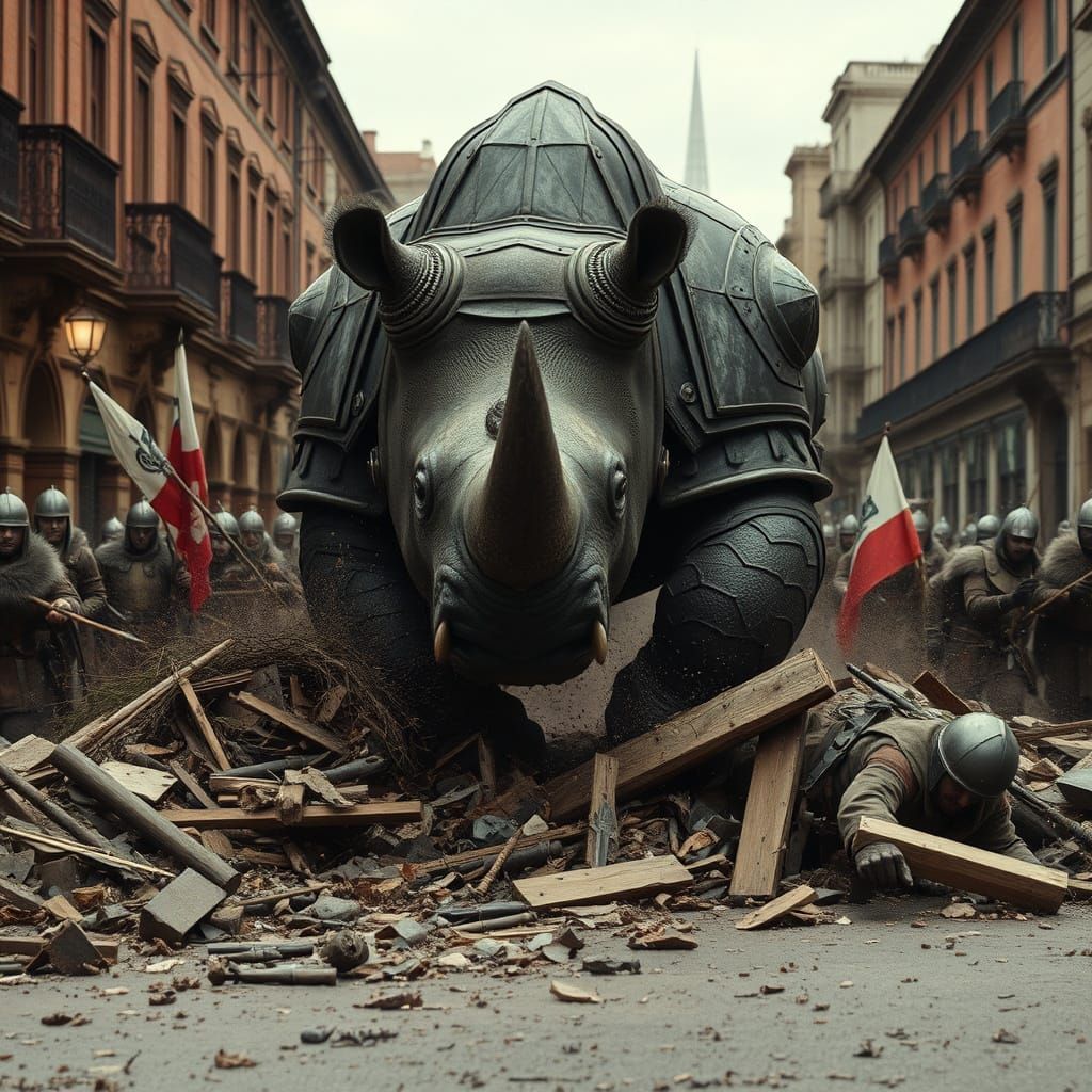 Armored Rhino Smashes Through Barricade in Epic Medieval Sce...