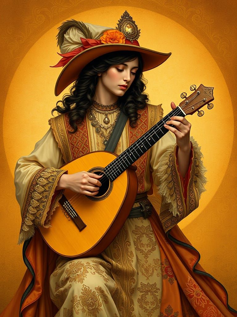 Ornate Balladeer with Lute in Art Nouveau Style