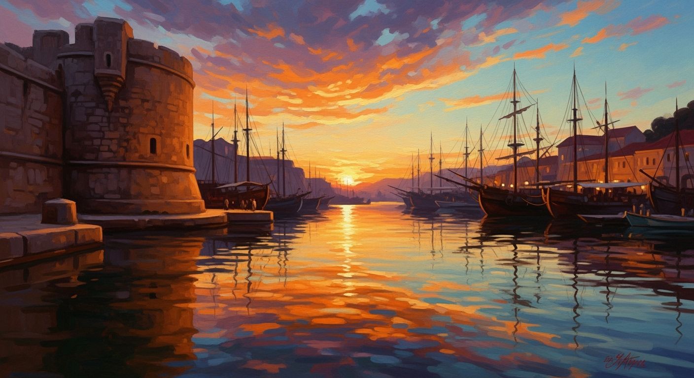 Golden Harbor Sunset with Impasto Brushstrokes