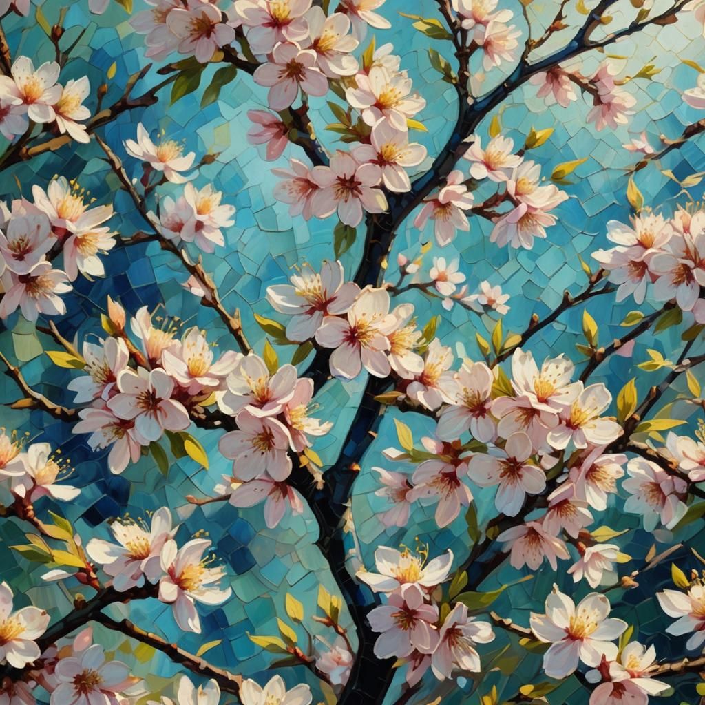 Vibrant Cherry Blossoms in Post-Impressionist Oil Painting
