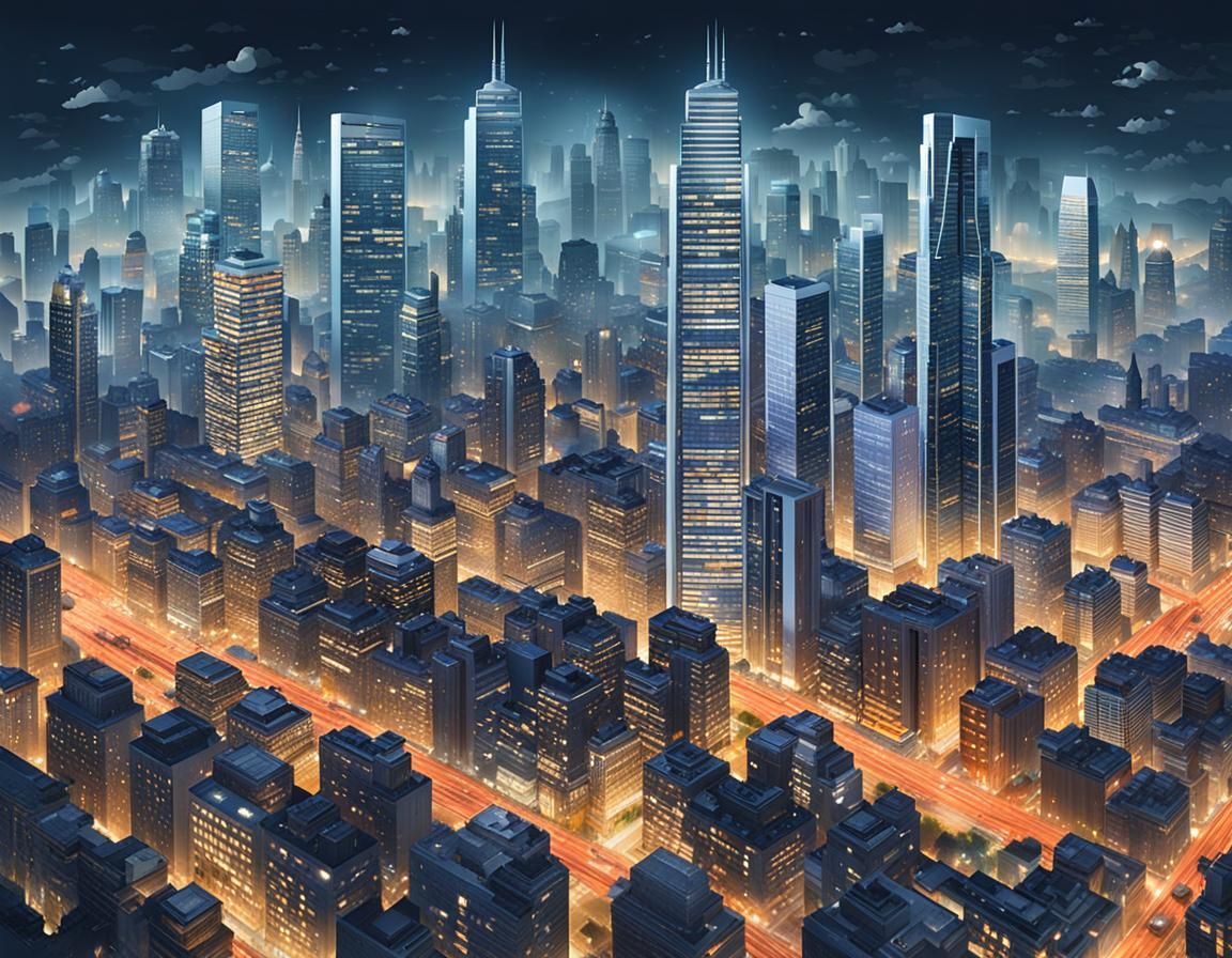 Vibrant Cityscape with Towering Skyscrapers and Bustling Str...